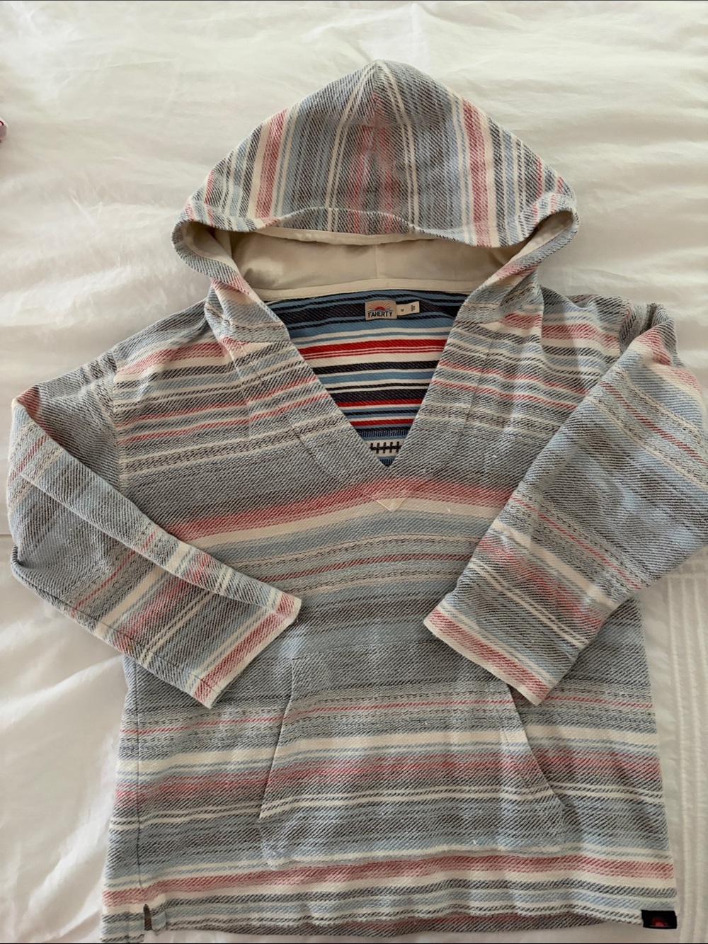 Salt Life Men's Hooded V-Neck Sweater in Light Blue with Pink and Cream Stripes